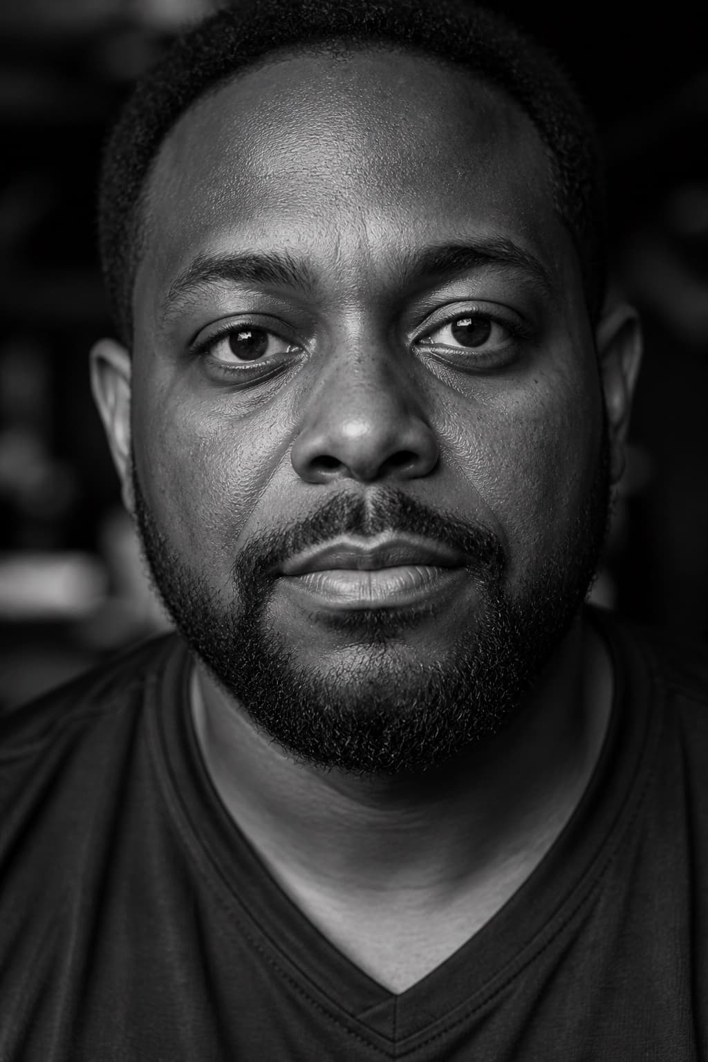 Black-and-white portrait of James looking directly at the camera