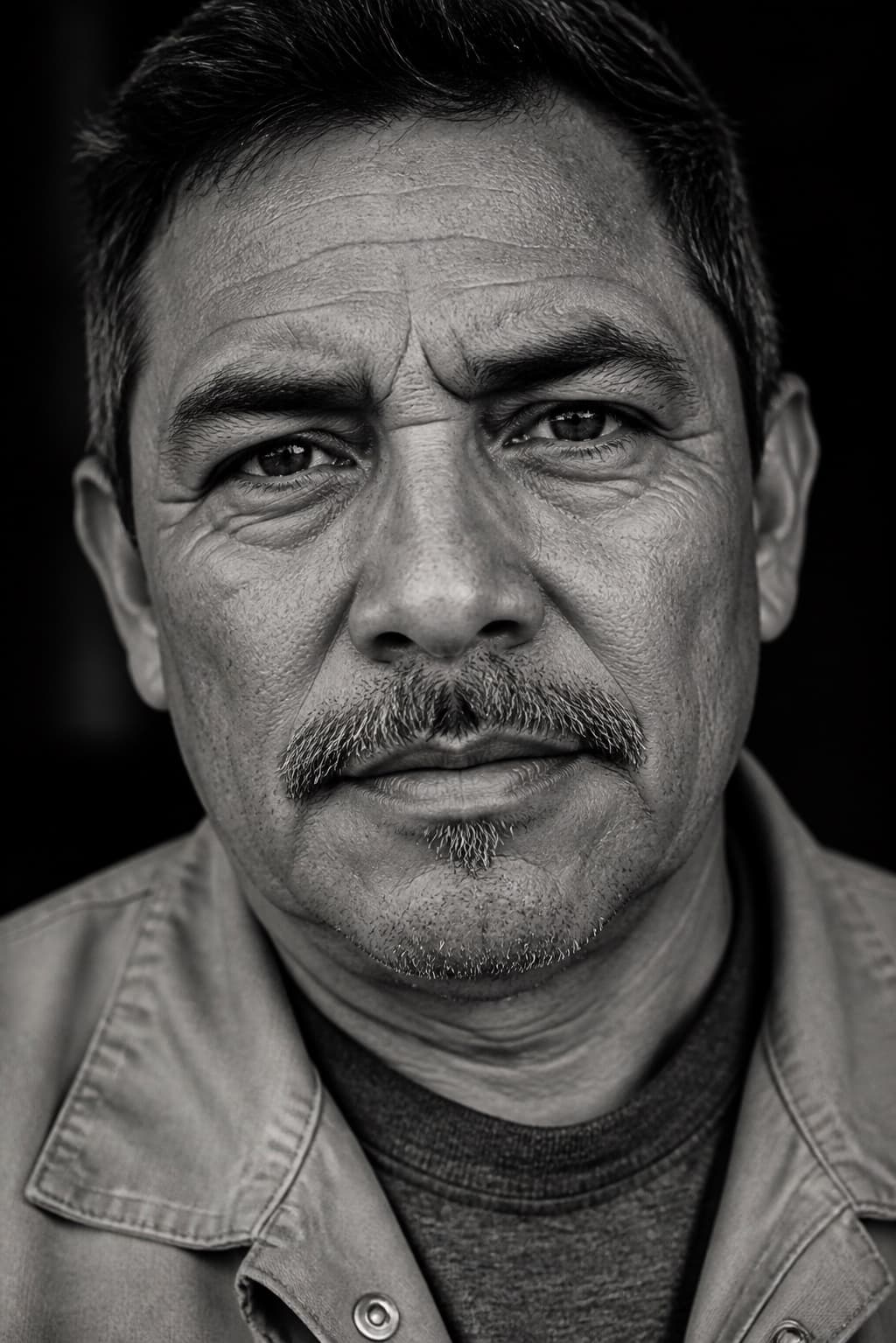 Black-and-white portrait of Miguel looking directly at the camera